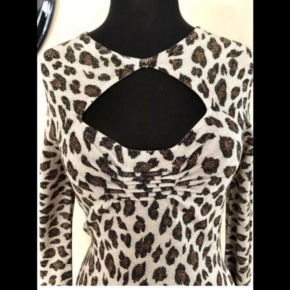 👠👚💛Cache Metallic Animal Print Ruched Keyhole Neck Top Stretch Sz Small